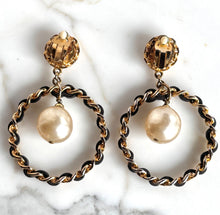 Load image into Gallery viewer, CHANEL XXL 1992 GRIPOIX PEARL LEATHER HOOP EARRINGS