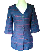 Load image into Gallery viewer, CHANEL 2000 BUGUNDY SEQUINS LESAGE NAVY TWEED JACKET