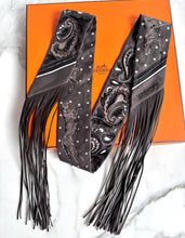 Load image into Gallery viewer, HERMES FRINGED BEADED TWILLY SILK LEATHER FRINGE LES GUEPARDS
