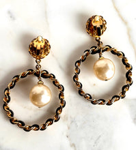 Load image into Gallery viewer, CHANEL XXL 1992 GRIPOIX PEARL LEATHER HOOP EARRINGS