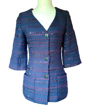 Load image into Gallery viewer, CHANEL 2000 BUGUNDY SEQUINS LESAGE NAVY TWEED JACKET