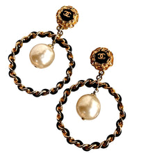 Load image into Gallery viewer, CHANEL XXL 1992 GRIPOIX PEARL LEATHER HOOP EARRINGS