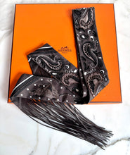 Load image into Gallery viewer, HERMES FRINGED BEADED TWILLY SILK LEATHER FRINGE LES GUEPARDS