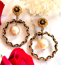 Load image into Gallery viewer, CHANEL XXL 1992 GRIPOIX PEARL LEATHER HOOP EARRINGS
