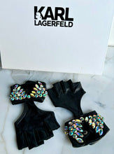 Load image into Gallery viewer, KARL LAGERFELD LEATHER CRYSTAL FINGERLESS GLOVES NEW