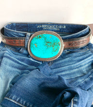 Load image into Gallery viewer, GENUINE MASSIVE TURQUOISE STERLING SILVER BUCKLE SIGNED w/2 BELT STRAPS