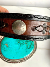 Load image into Gallery viewer, GENUINE MASSIVE TURQUOISE STERLING SILVER BUCKLE SIGNED w/2 BELT STRAPS
