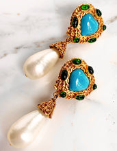 Load image into Gallery viewer, CHANEL GRIPOIX TURQUOISE HEART GLASS AND PEARL EARRINGS