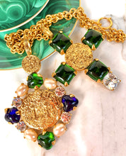 Load image into Gallery viewer, CHANEL EMERALD GRIPOIX GLASS BYZANTINE COIN CROSS NECKLACE 1993