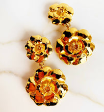 Load image into Gallery viewer, CHANEL RARE MASSIVE DOUBLE CAMELLIA FLOWER DANGLE GILT VINTAGE EARRINGS