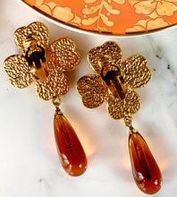 Load image into Gallery viewer, CHANEL CORAL AMBER GRIPOIX GLASS FLOWER DANGLE EARRING 1994