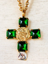 Load image into Gallery viewer, CHANEL EMERALD GRIPOIX GLASS BYZANTINE COIN CROSS NECKLACE 1993