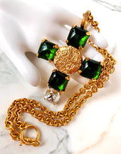 Load image into Gallery viewer, CHANEL EMERALD GRIPOIX GLASS BYZANTINE COIN CROSS NECKLACE 1993