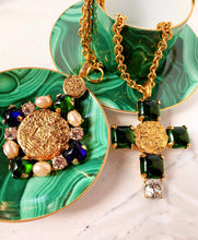 Load image into Gallery viewer, CHANEL EMERALD GRIPOIX GLASS BYZANTINE COIN CROSS NECKLACE 1993