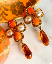 Load image into Gallery viewer, CHANEL CORAL AMBER GRIPOIX GLASS FLOWER DANGLE EARRING 1994