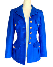 Load image into Gallery viewer, CHANEL RARE COBALT ELECTRIC BLUE MILITARY GRIPOIX JACKET 1996 AUTUMN WINTER