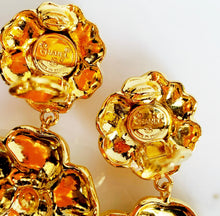 Load image into Gallery viewer, CHANEL RARE MASSIVE DOUBLE CAMELLIA FLOWER DANGLE GILT VINTAGE EARRINGS