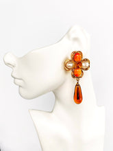 Load image into Gallery viewer, CHANEL CORAL AMBER GRIPOIX GLASS FLOWER DANGLE EARRING 1994
