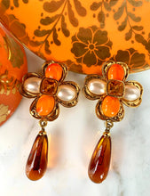 Load image into Gallery viewer, CHANEL CORAL AMBER GRIPOIX GLASS FLOWER DANGLE EARRING 1994