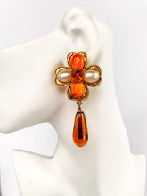 Load image into Gallery viewer, CHANEL CORAL AMBER GRIPOIX GLASS FLOWER DANGLE EARRING 1994