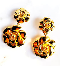 Load image into Gallery viewer, CHANEL RARE MASSIVE DOUBLE CAMELLIA FLOWER DANGLE GILT VINTAGE EARRINGS