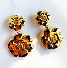 Load image into Gallery viewer, CHANEL RARE MASSIVE DOUBLE CAMELLIA FLOWER DANGLE GILT VINTAGE EARRINGS