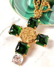 Load image into Gallery viewer, CHANEL EMERALD GRIPOIX GLASS BYZANTINE COIN CROSS NECKLACE 1993