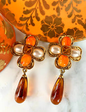 Load image into Gallery viewer, CHANEL CORAL AMBER GRIPOIX GLASS FLOWER DANGLE EARRING 1994