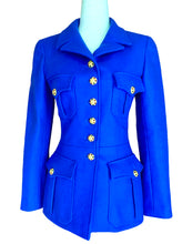 Load image into Gallery viewer, CHANEL RARE COBALT ELECTRIC BLUE MILITARY GRIPOIX JACKET 1996 AUTUMN WINTER