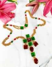 Load image into Gallery viewer, CHANEL MAJESTIC BYZANTINE EMERALD GREEN AND RED GRIPOIX GLASS CROSS NECKLACE