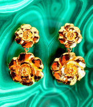 Load image into Gallery viewer, CHANEL RARE MASSIVE DOUBLE CAMELLIA FLOWER DANGLE GILT VINTAGE EARRINGS