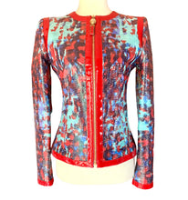 Load image into Gallery viewer, VERSACE PATENT JACKET SIZE 38 PRISTINE SPECTACULAR RED BLUE TURQUOISE