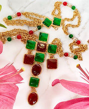 Load image into Gallery viewer, CHANEL MAJESTIC BYZANTINE EMERALD GREEN AND RED GRIPOIX GLASS CROSS NECKLACE