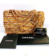 Load image into Gallery viewer, EXTRAORDINARY CHANEL DRAPED CHAIN DOUBLE FLAP LESAGE TWEED CAMELLIA BAG