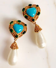 Load image into Gallery viewer, CHANEL GRIPOIX TURQUOISE HEART GLASS AND PEARL EARRINGS