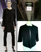 Load image into Gallery viewer, CHANEL BLACK RUNWAY JACKET WITH METALLIC SILVER TWEED LINING 2012