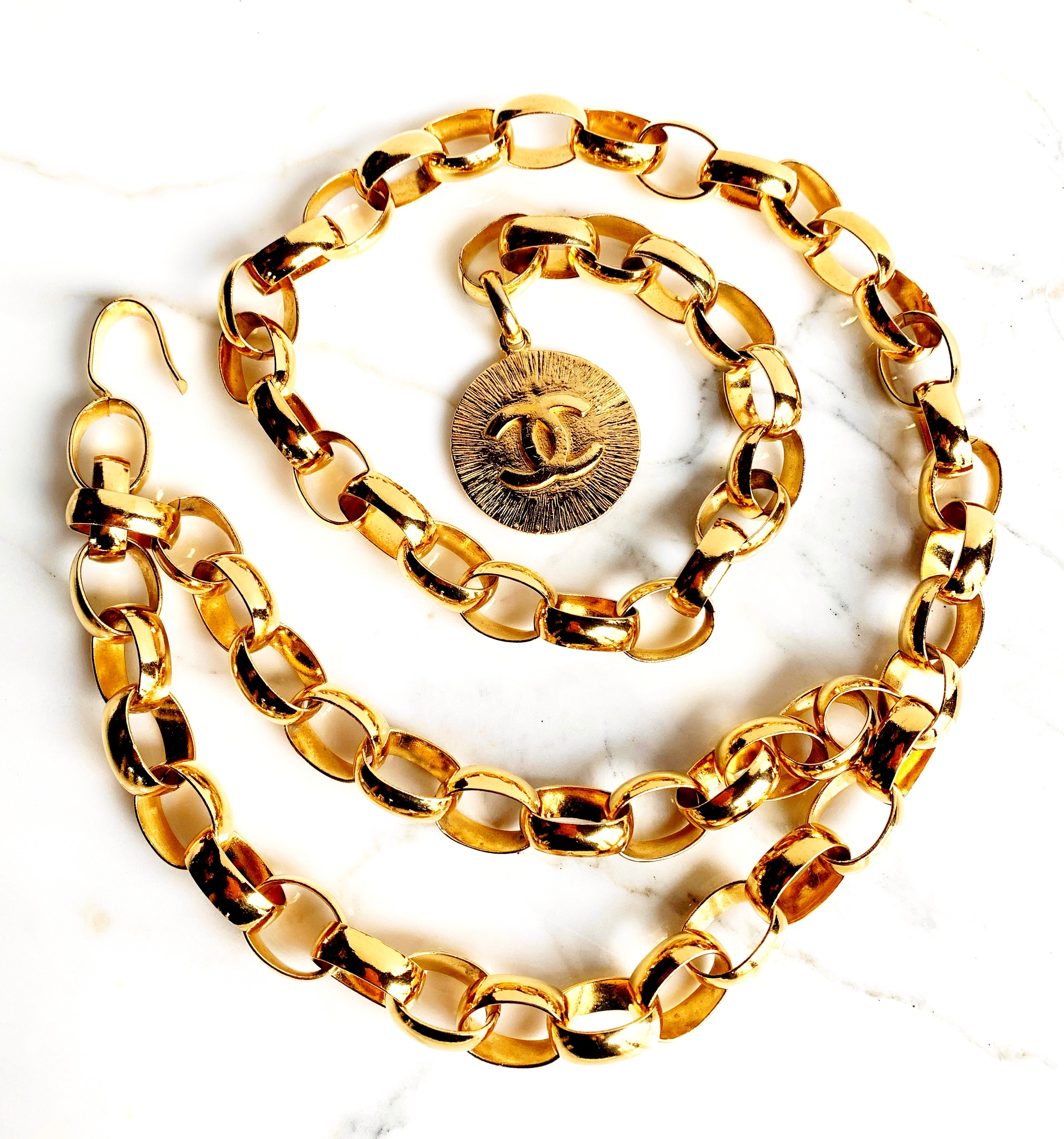 CHANEL 1980s Vintage Gold Logo CC Pendant Triple Chain Belt - Max Length  30.5