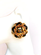 Load image into Gallery viewer, CHANEL ICONIC GILT CC LEATHER LACED JUMBO RUNWAY EARRINGS 1993