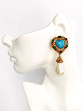 Load image into Gallery viewer, CHANEL GRIPOIX TURQUOISE HEART GLASS AND PEARL EARRINGS