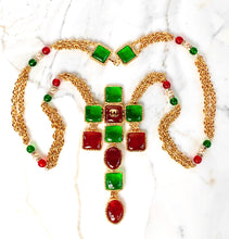 Load image into Gallery viewer, CHANEL MAJESTIC BYZANTINE EMERALD GREEN AND RED GRIPOIX GLASS CROSS NECKLACE