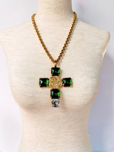 Load image into Gallery viewer, CHANEL EMERALD GRIPOIX GLASS BYZANTINE COIN CROSS NECKLACE 1993