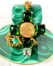 Load image into Gallery viewer, CHANEL EMERALD GRIPOIX GLASS BYZANTINE COIN CROSS NECKLACE 1993