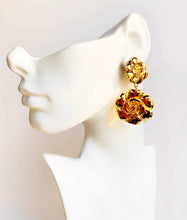 Load image into Gallery viewer, CHANEL RARE MASSIVE DOUBLE CAMELLIA FLOWER DANGLE GILT VINTAGE EARRINGS