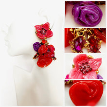 Load image into Gallery viewer, KALINGER PARIS DRAMATIC RED PINK FLORAL BOUQUET VINTAGE EARRINGS 1980's