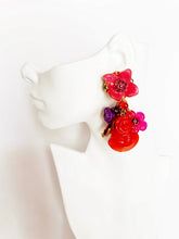 Load image into Gallery viewer, KALINGER PARIS DRAMATIC RED PINK FLORAL BOUQUET VINTAGE EARRINGS 1980's