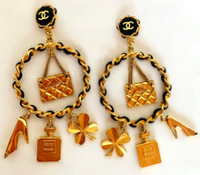 Load image into Gallery viewer, CHANEL MASSIVE LEATHER CHAIN HOOP EARRINGS HANDBAG, PERFUME, SHOE, CLOVER CHARMS