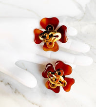 Load image into Gallery viewer, CHANEL ICONIC TORTOISE GILT LOGO QUATREFOIL CLOVER EARRINGS 1994