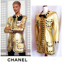 Load image into Gallery viewer, CHANEL ICONIC GOLD METALLIC LEATHER GROSGRAIN RIBBON RUNWAY JACKET COAT 1991