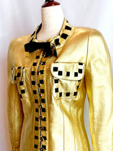 Load image into Gallery viewer, CHANEL ICONIC GOLD METALLIC LEATHER GROSGRAIN RIBBON RUNWAY JACKET COAT 1991