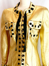 Load image into Gallery viewer, CHANEL ICONIC GOLD METALLIC LEATHER GROSGRAIN RIBBON RUNWAY JACKET COAT 1991